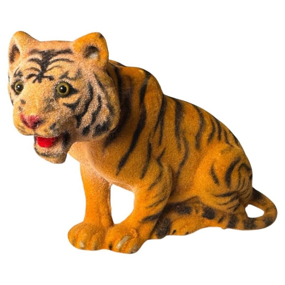 Vintage Tiger 6" x 4" Flocked Toy Figure‎ Decoration Open Mouth Big Cat
